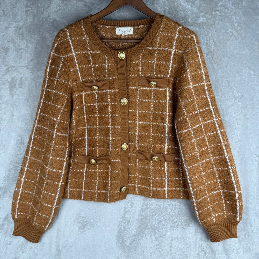 Marled Brown Boucle Windowpane Plaid Cardigan Gold Crest Button Sweater Womens M